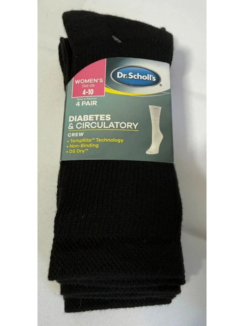 NWT‎ Dr. Scholls Womens Socks 4 Pack Crew Diabetes Circulatory Non Binding Black